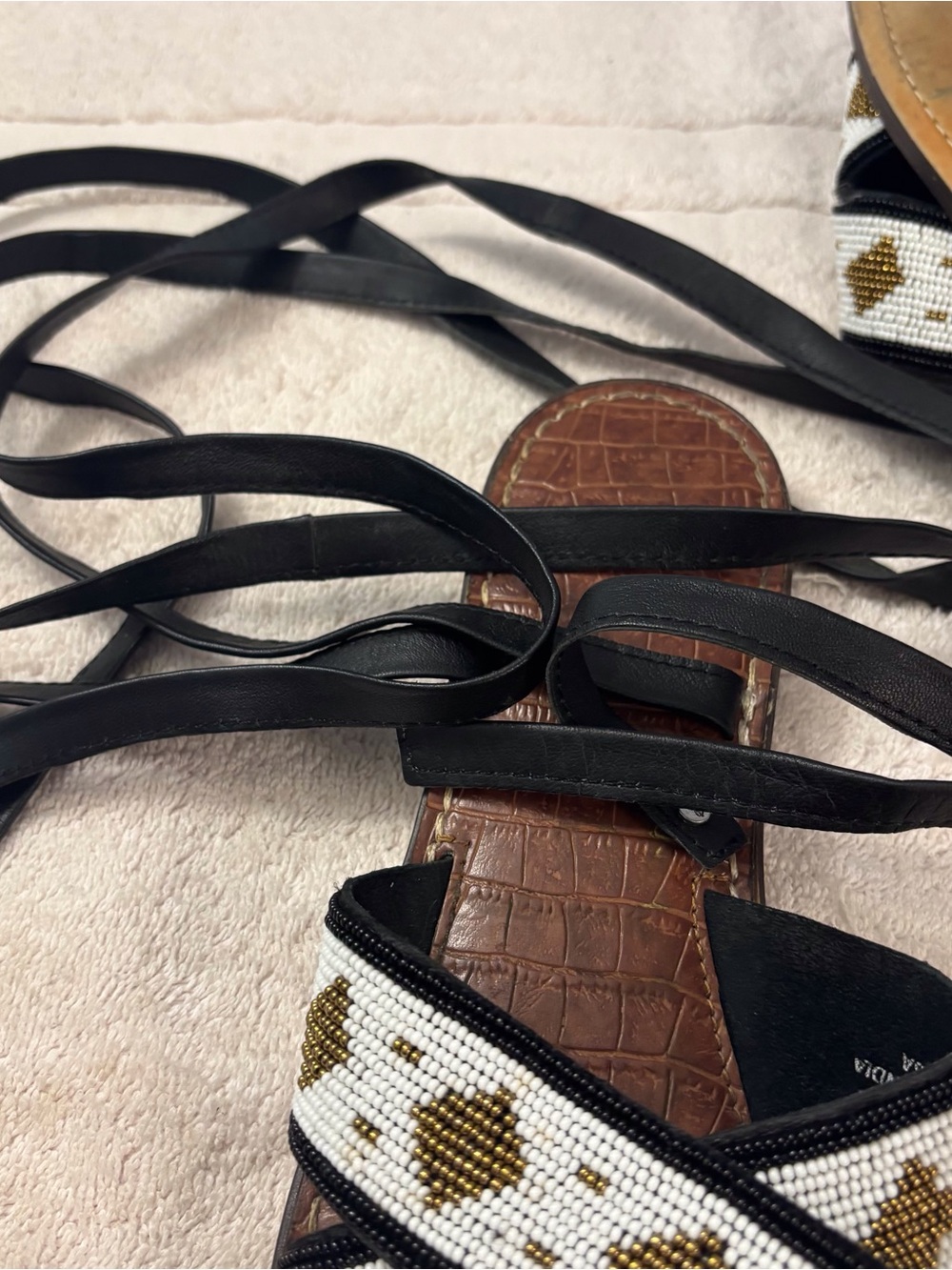 Sam Edelman Brown Leather Slide Sandals with White and Gold Beaded Straps - Picture 9 of 12
